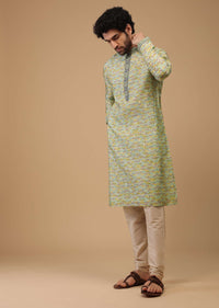 Green Handwoven Silk Printed Kurta Set