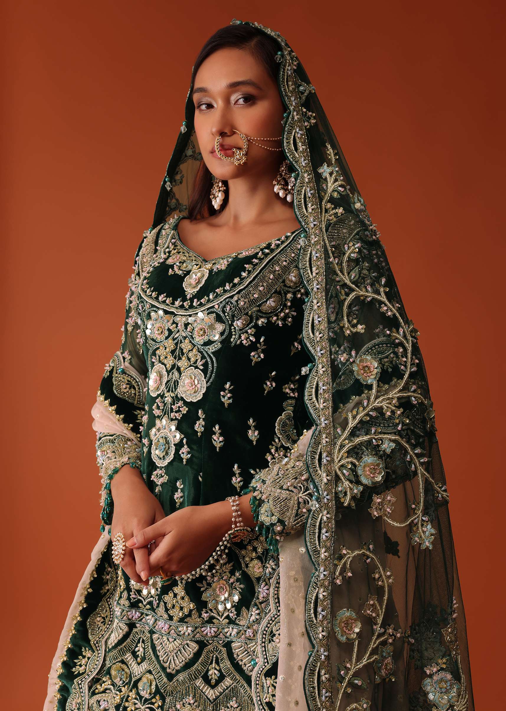 Green Heavily Embroidered Bridal Sharara Suit Set In Velvet