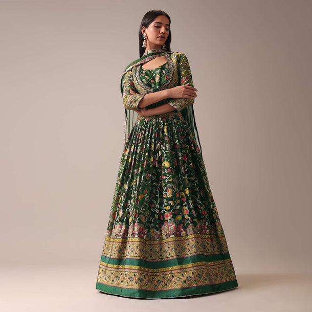 Green Indie Print Anarkali Suit Set In Organza