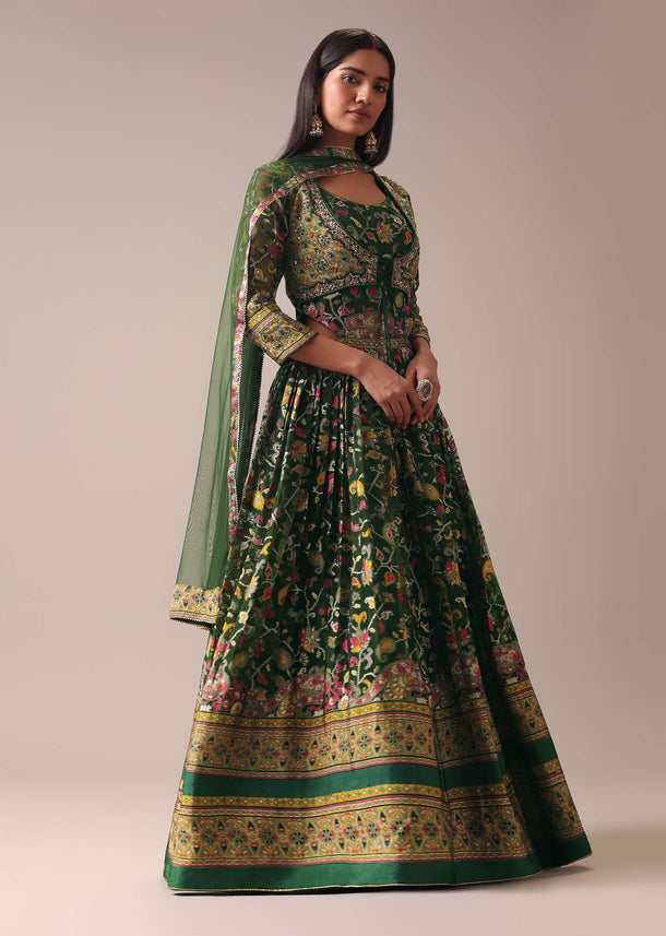 Green Indie Print Anarkali Suit Set In Organza