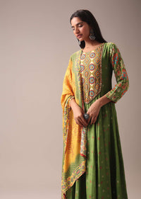 Green Indie Print Anarkali Suit Set In Art Silk