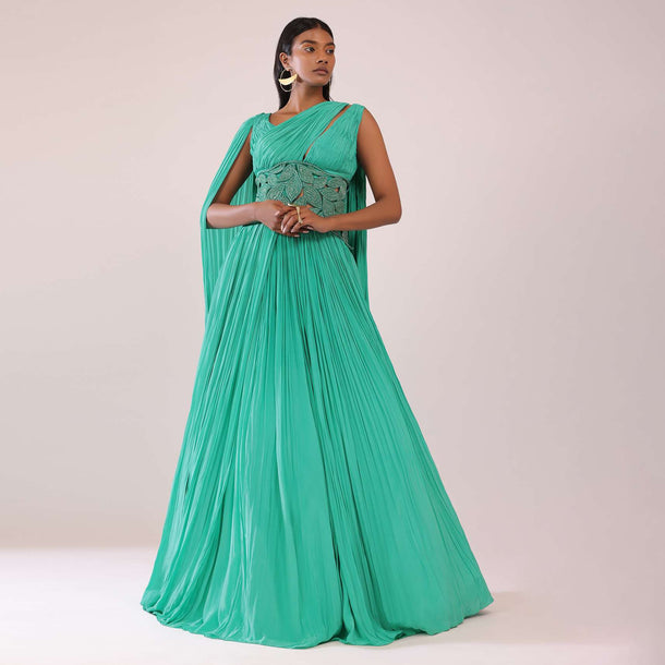 Jade Green Crepe Gown With A Detachable Embroidered Waist Belt