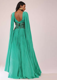 Jade Green Crepe Gown With A Detachable Embroidered Waist Belt