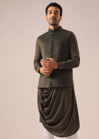 Green Jacket And Cowl Draped Kurta Set in Velvet