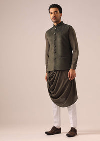 Green Jacket And Cowl Draped Kurta Set in Velvet