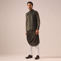 Green Jacket And Cowl Draped Kurta Set in Velvet