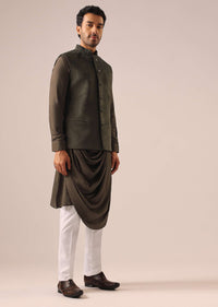 Green Jacket And Cowl Draped Kurta Set in Velvet