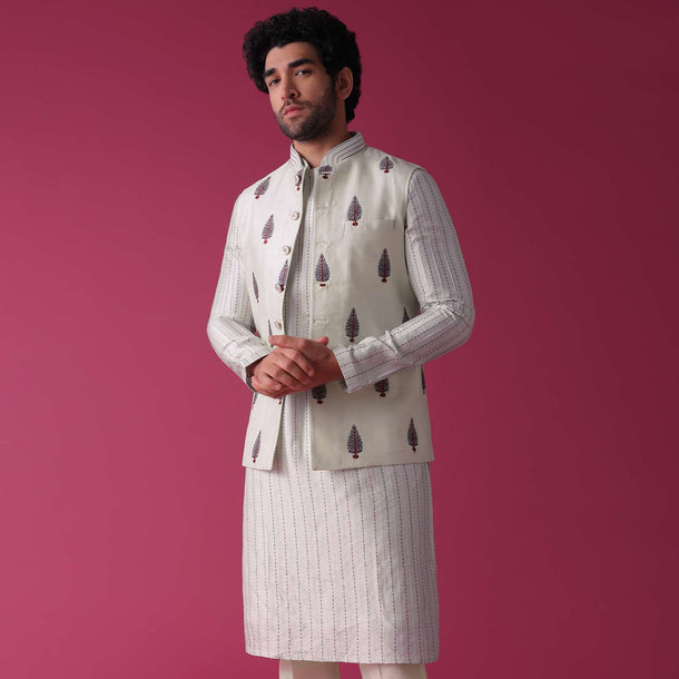 Green Jacket Kurta Set In Art Silk With Threadwork