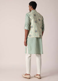 Green Jacket Kurta Set With All-Over Print For Men