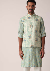 Green Jacket Kurta Set With All-Over Print For Men