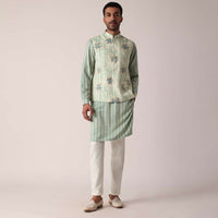 Green Jacket Kurta Set With All-Over Print For Men