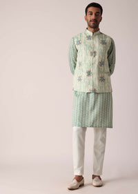 Green Jacket Kurta Set With All-Over Print For Men