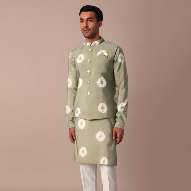 Green Jacket Kurta Set With Printed Motifs