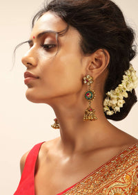 Green Jadau Earrings With Paachi Kundan Work And Semi Precious Stone