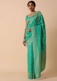 Green Kanjivaram Dola Silk Saree With Unstitched Blouse