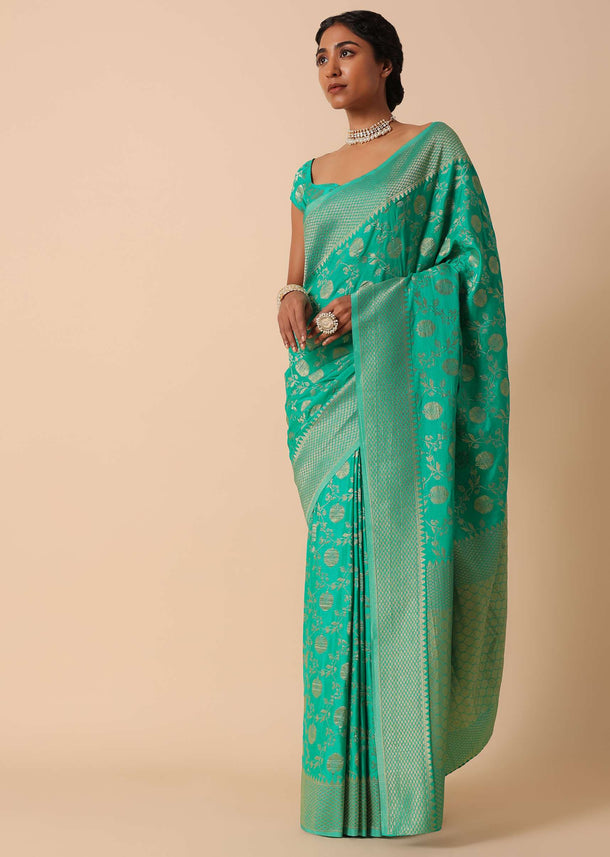 Green Kanjivaram Dola Silk Saree With Unstitched Blouse