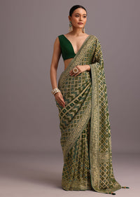 Green Khaddi Georgette Bandhani Saree With Zari Jaal Motif Weave