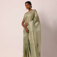 Green Kora Silk Saree With Embroidered Zari Stripes And Unstitched Blouse Fabric