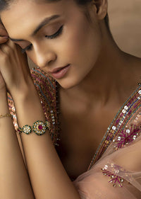Green Kundan Bracelet In Gold Plated Silver Alloy