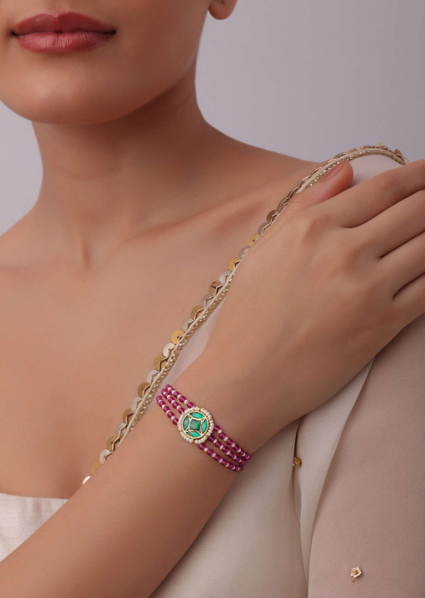 Green Kundan Bracelet With Pink Beads In Gold Finish Mix Metal