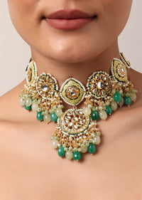 Green Kundan Choker Set With Beads And Pendant Drops