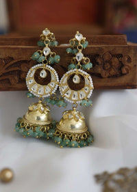 Green Kundan Jhumkas In Gold Plated Silver Alloy