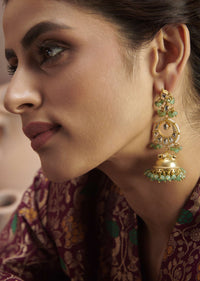 Green Kundan Jhumkas In Gold Plated Silver Alloy