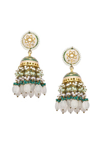 Green Kundan Jhumkas With Tiered Beads