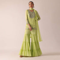 Green Kurta And Tiered Sharara Set