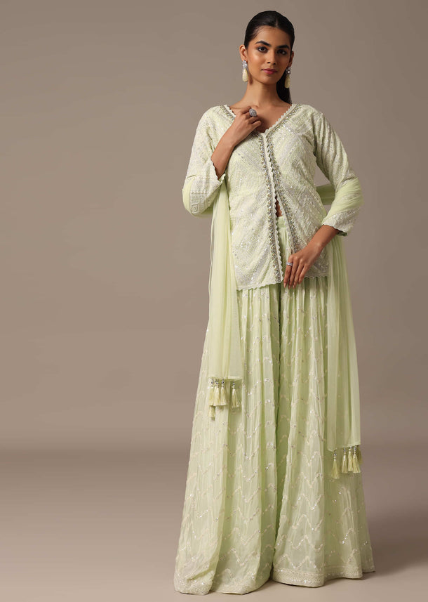 Green Kurta Palazzo Set With Dupatta In Thread Work