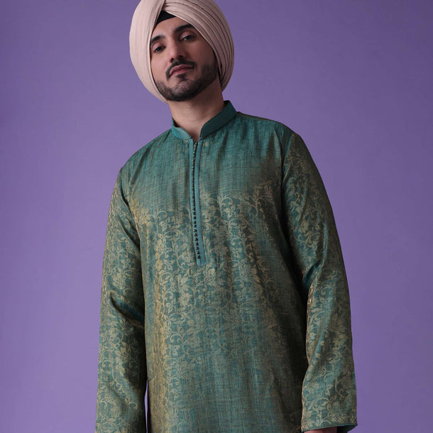 Green Kurta Set In Foil Jacquard With Two Way Floral Print