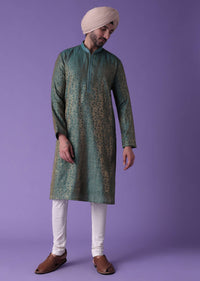 Green Kurta Set In Foil Jacquard With Two Way Floral Print