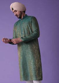 Green Kurta Set In Foil Jacquard With Two Way Floral Print