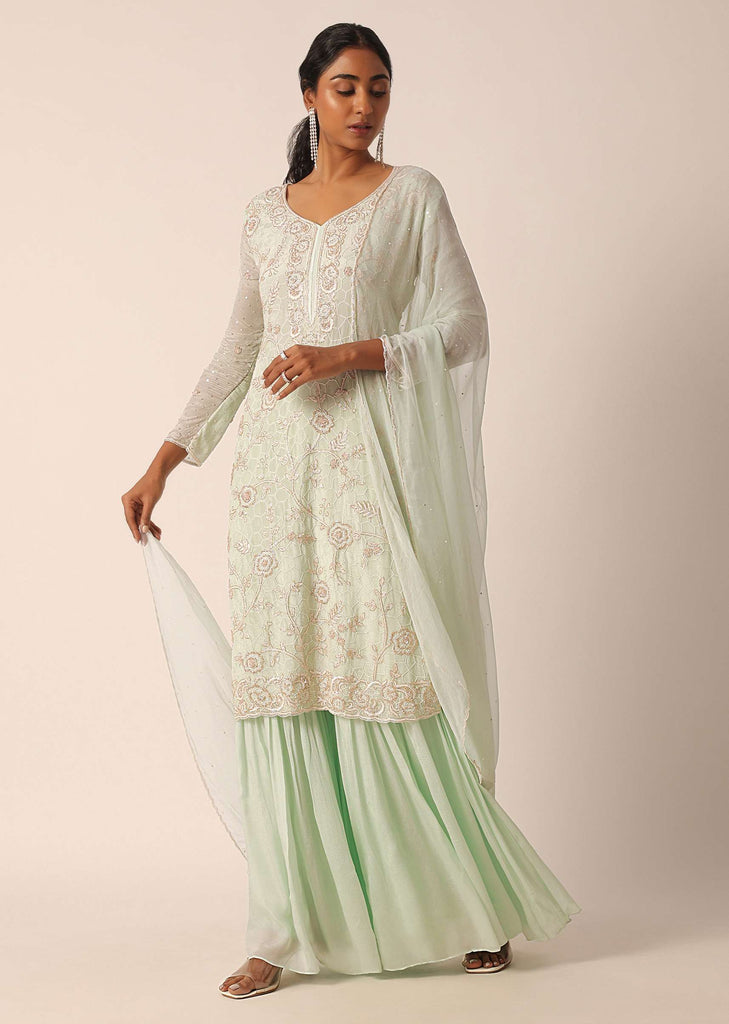 Green Kurta Sharara Set With Cutdana Work