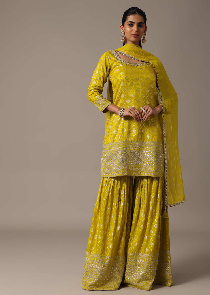 Green Kurta Sharara Set With Dupatta In Banarasi Weave With Sequins Work