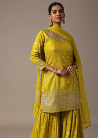 Green Kurta Sharara Set With Dupatta In Banarasi Weave With Sequins Work