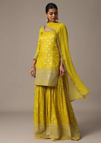 Green Kurta Sharara Set With Dupatta In Banarasi Weave With Sequins Work