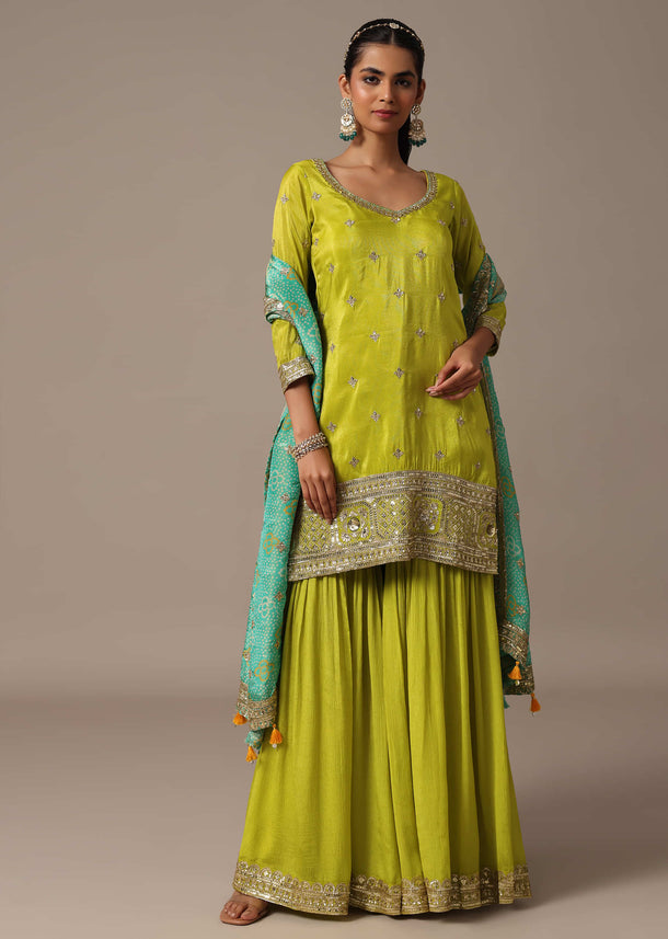 Green Kurta Sharara With Sequins Work And Bandhani Printed Dupatta