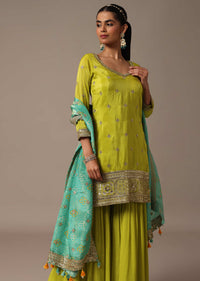 Green Kurta Sharara With Sequins Work And Bandhani Printed Dupatta