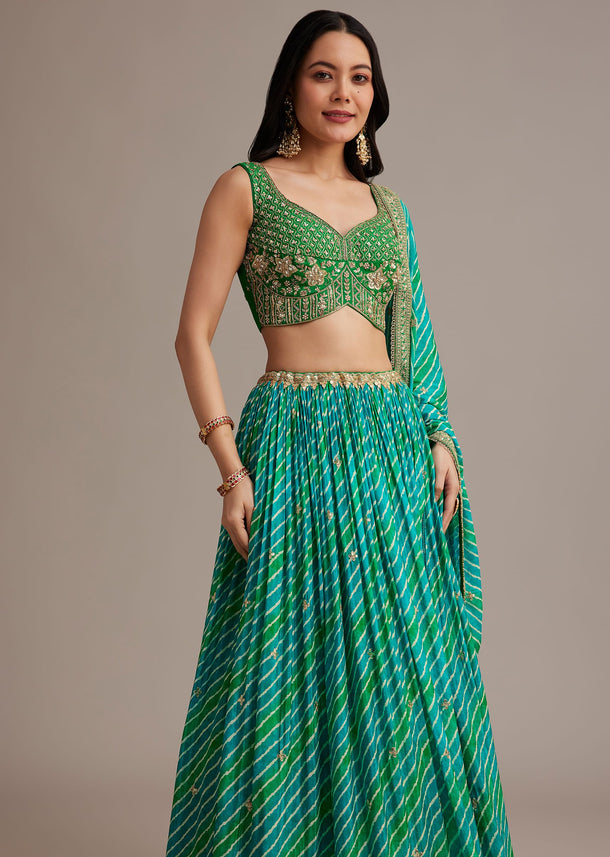 Green Leheriya Lehenga Set With Zardosi And Sequins Work