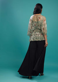 Mint Green Lily Organza Draped Top And Black Palazzo