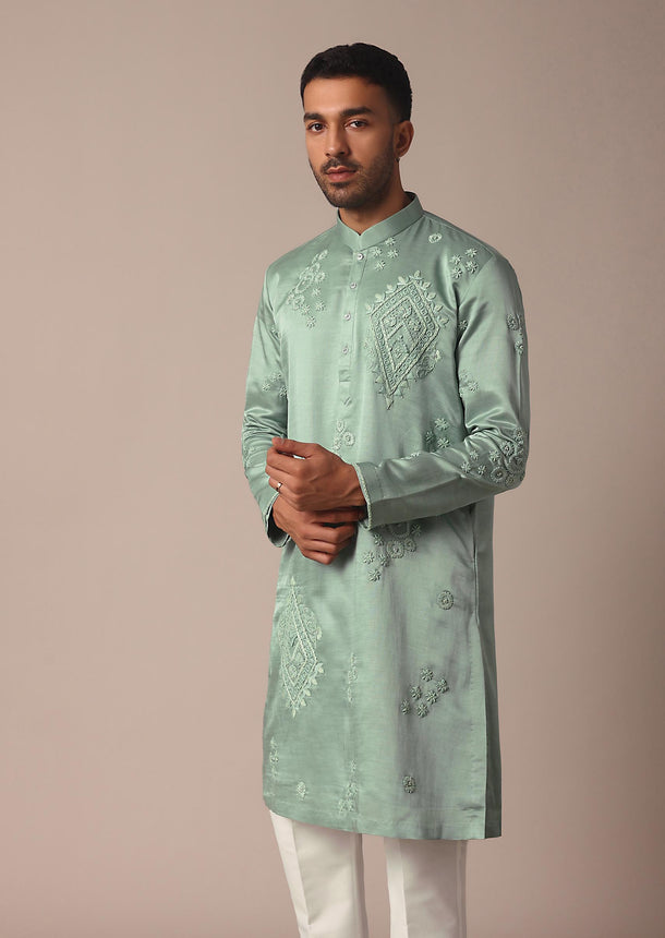 Green Linen Kurta Set With Intricate Handwork