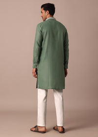 Green Linen Kurta With Thread Resham Yoke