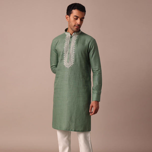 Green Linen Kurta With Thread Resham Yoke