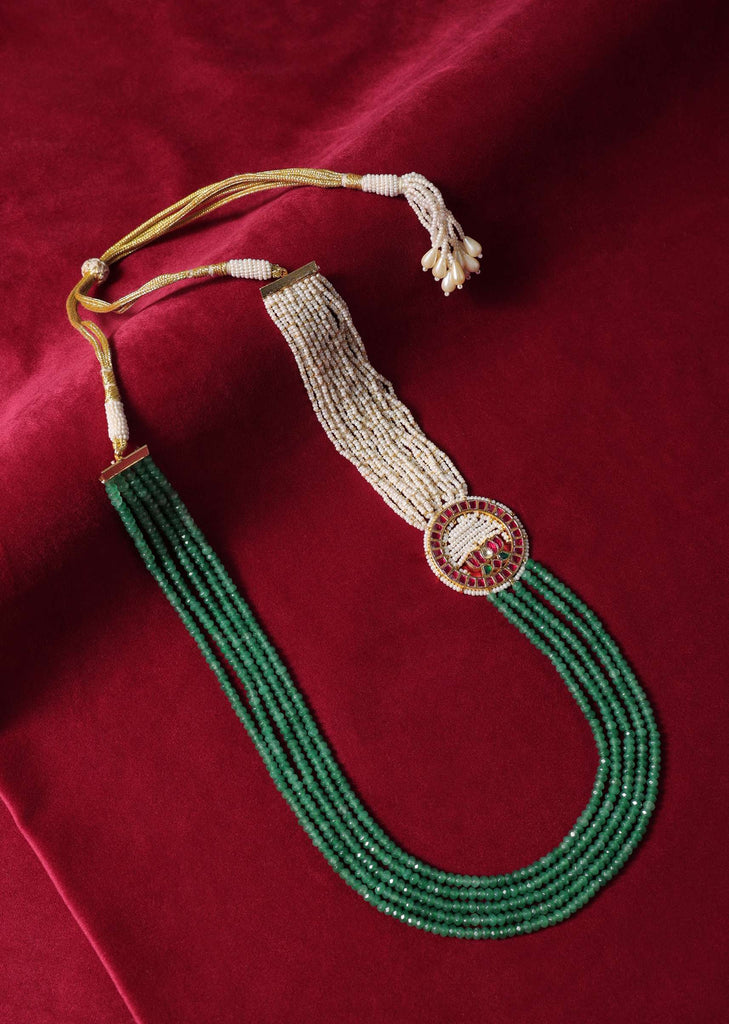 Green Long Mala In Mix Metal With Pearls And Meenakari Motif