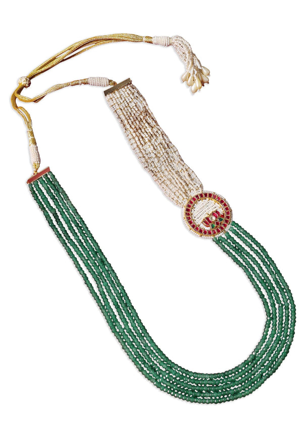 Green Long Mala In Mix Metal With Pearls And Meenakari Motif