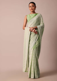 Green Lucknowi Chikankari Sequin Saree In Georgette With Unstitched Blouse Piece