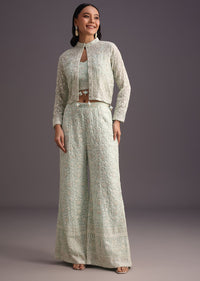 Green Lucknowi Croptop Palazzo With Embroidered Jacket