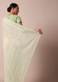 Green Lucknowi Sequin Saree With Chikankari Work And Unstitched Blouse Piece