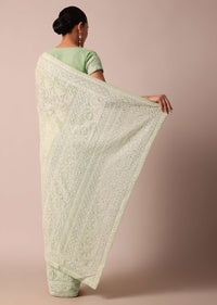 Green Lucknowi Sequin Saree With Chikankari Work And Unstitched Blouse Piece